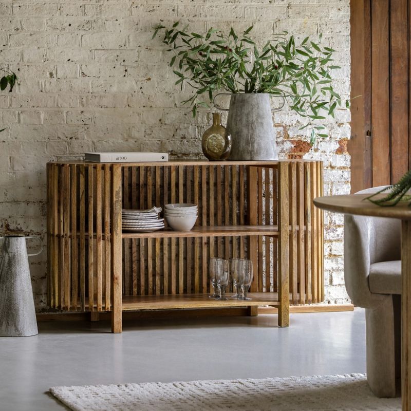 Stunning wooden sideboard with slats along the back and black stud detailing