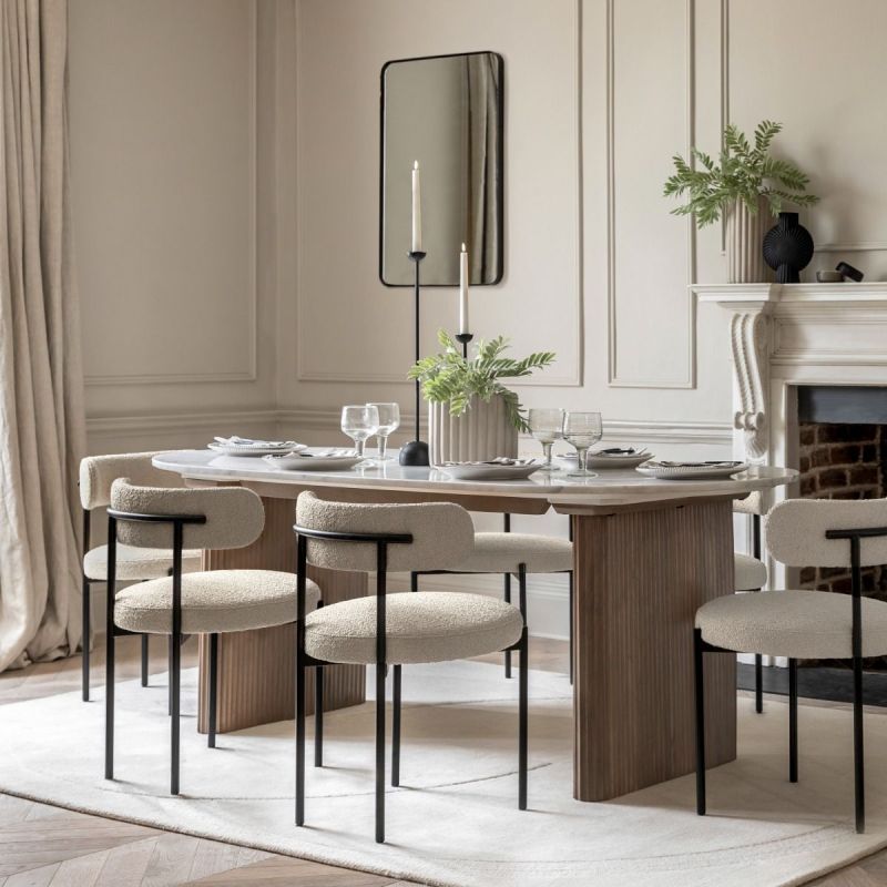 Wood dining table with striking vertical ribbed feature on drum base and polished marble top