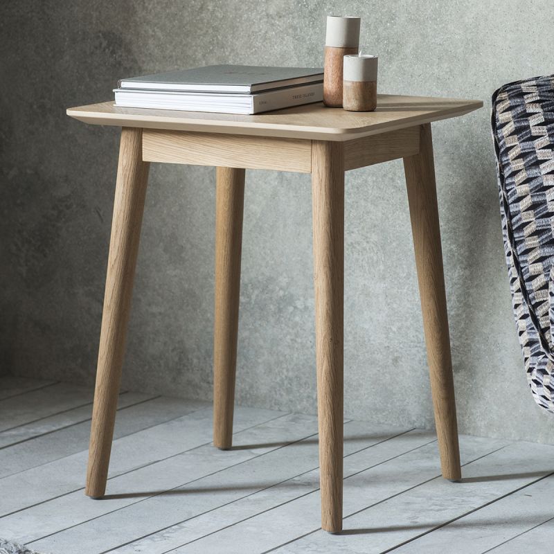 Warm wooden side table with chevron design