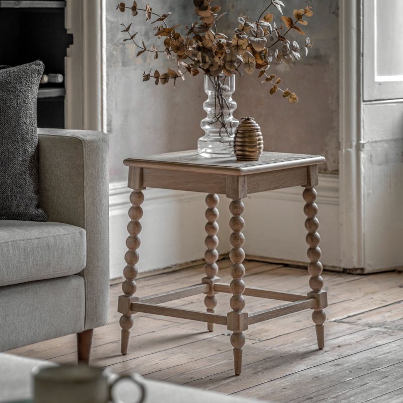 Lime wash wooden side table with bobble effect legs