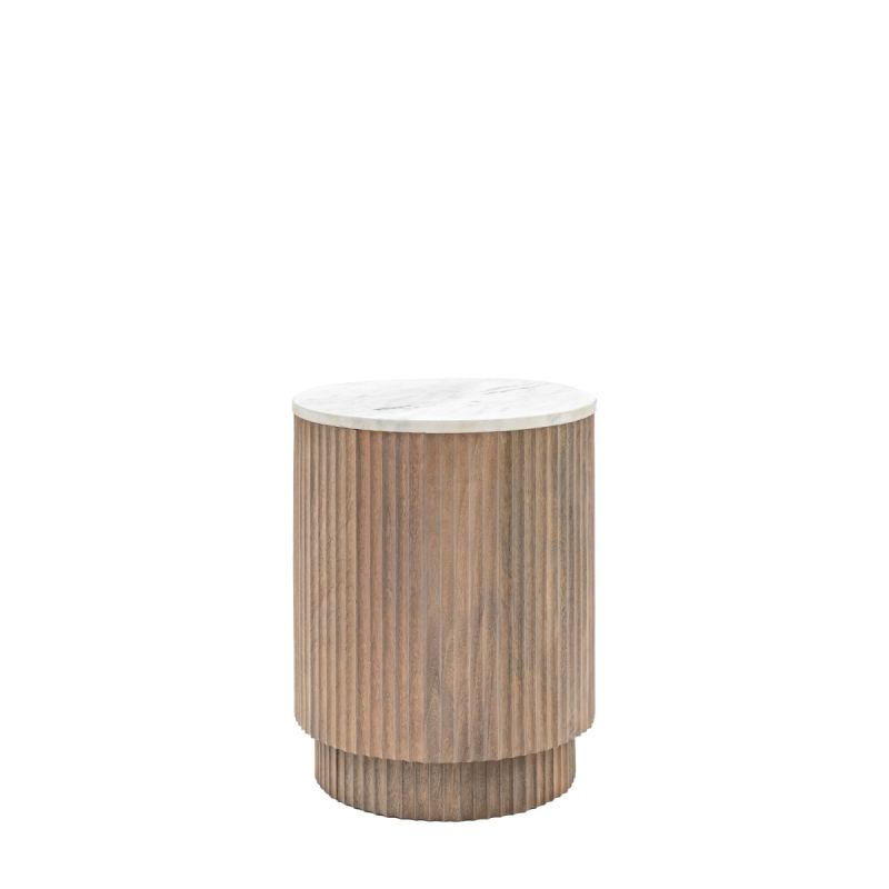 Circular side table with ribbed wooden edge and white marble top