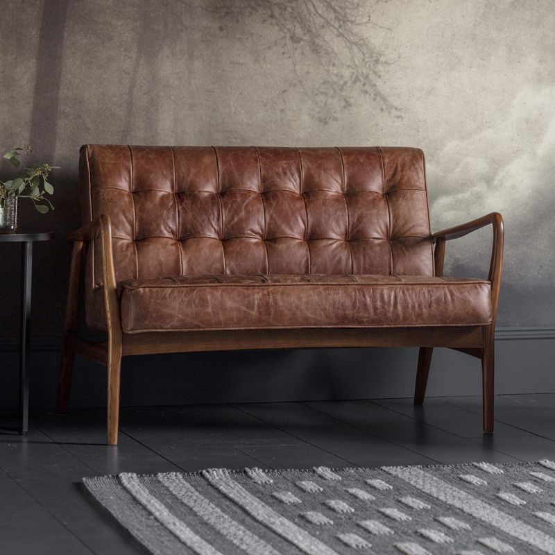 Mid-century style 2 seater sofa with brown leather upholstery