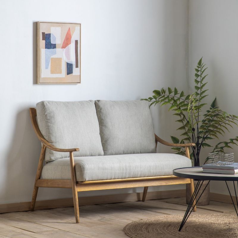 Minimalistic two-seater sofa with grey linen upholstery and elegant oak frame