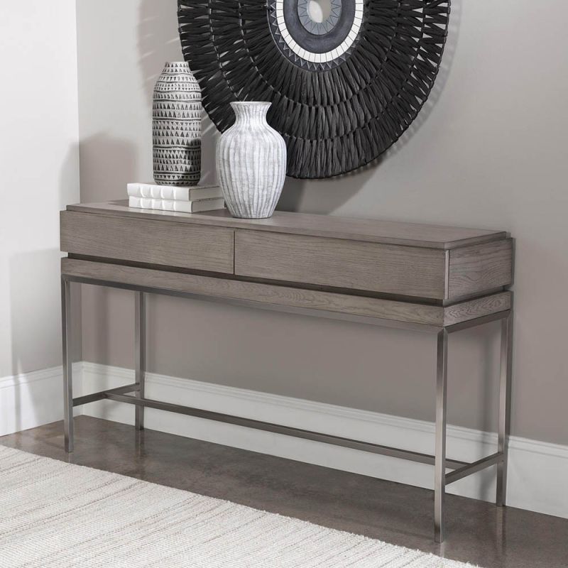 Sleek, corporate console table with two drawers and nickel-finished legs