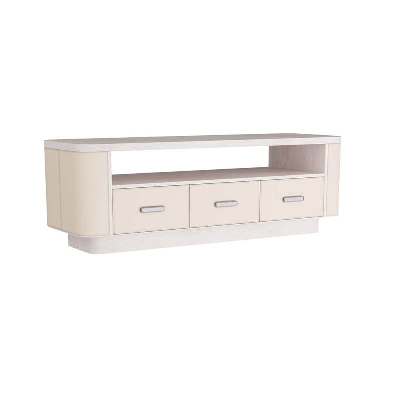 Oak credenza lined in cream suede and stitched ivory leather with an open shelf and trio of deep drawers