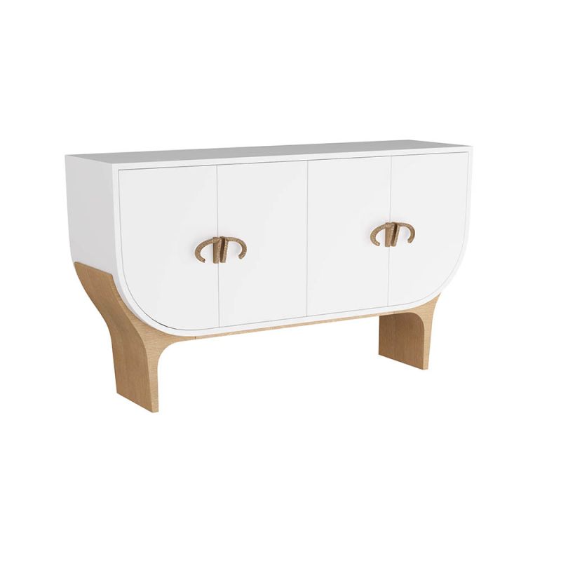 Four-door cabinet in crisp white lacquer with antique brass bullhorn-inspired hardware