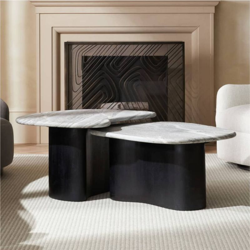 Set of two coffee tables with black wooden base and marble finish top