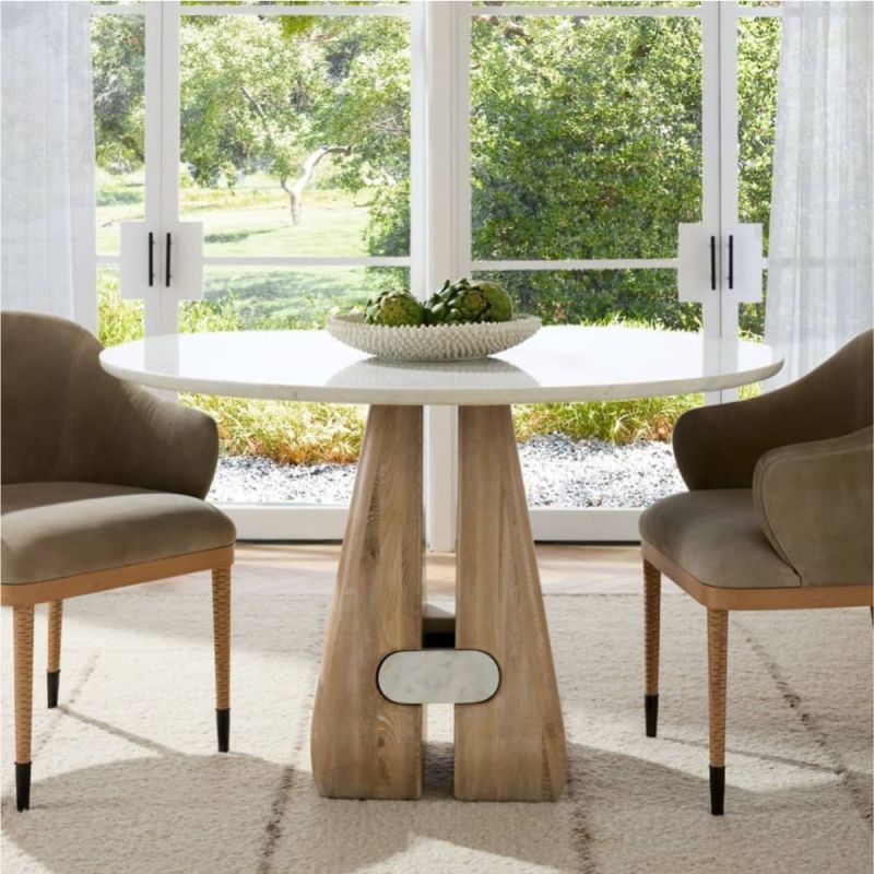 Entryway table with round white marble top and smooth wooden base