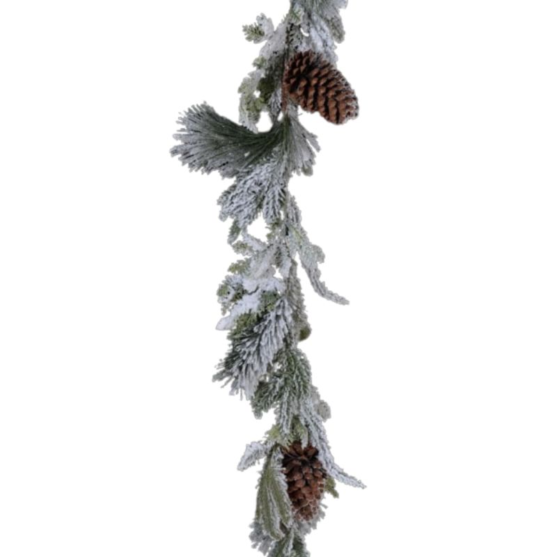 Winter garland, pine leaves covered in faux snow with large pine cone details