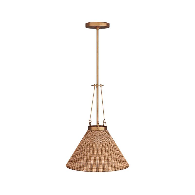 Natural rattan shade accented with vertically aligned brass structures