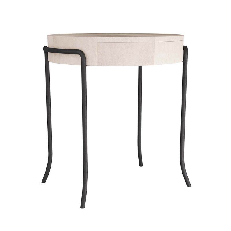 Side table with ivory vellum surface and blackened iron legs