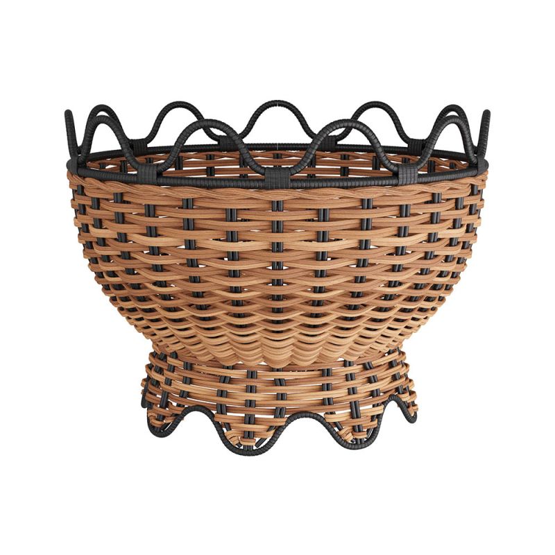 Basket-shaped centrepiece crafted from handmade natural and black rattan vessels