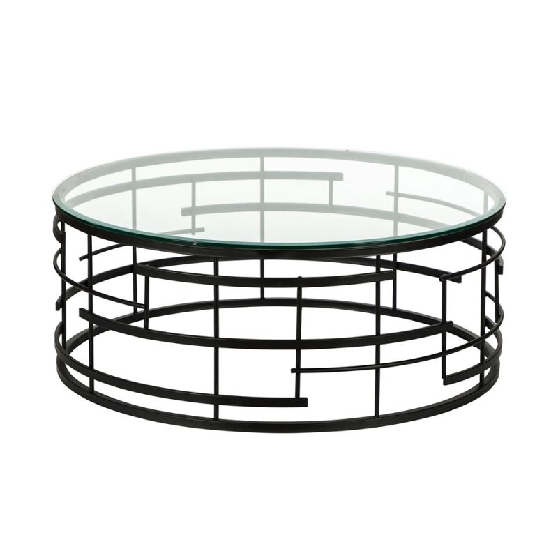 Coffee table with circle of toughened glass supported by base cast in metal