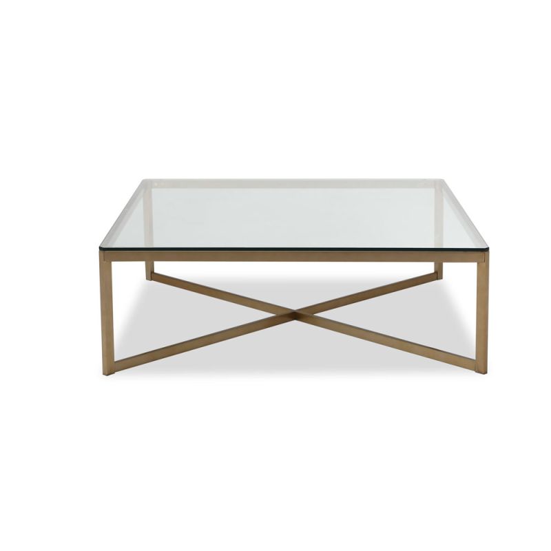 Brass frame coffee table supporting clear glass top