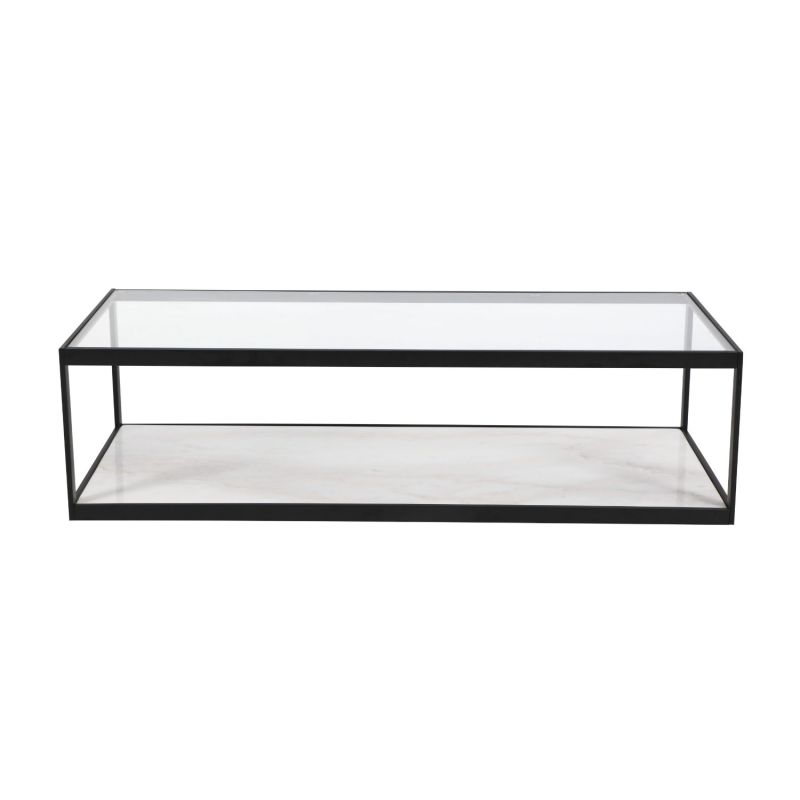 Black framed glass coffee table with white marble underlay