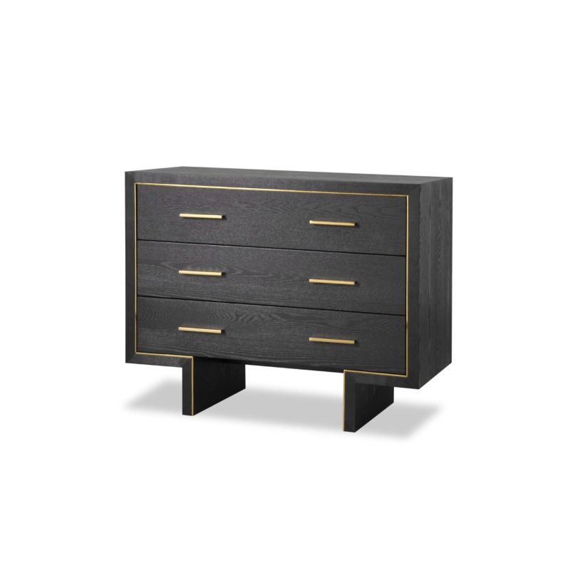 Black wooden chest with three drawers and brass handles