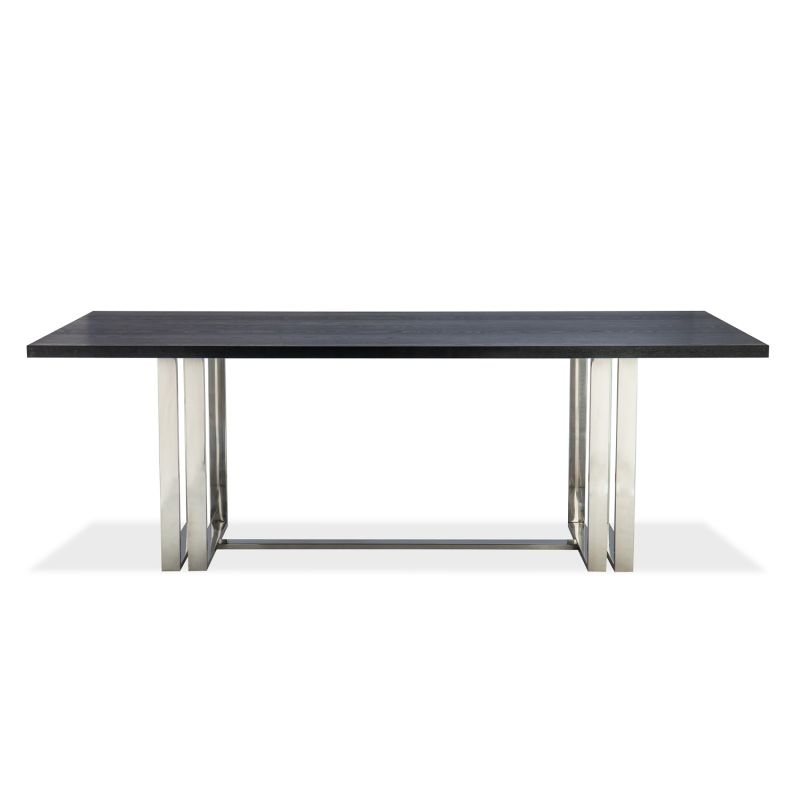 Dining table with ash wooden grain above sturdy yet delicate stainless steel legs