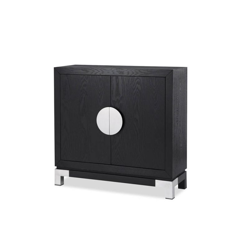 Black ash veneer sideboard offering circular silver segments as handles