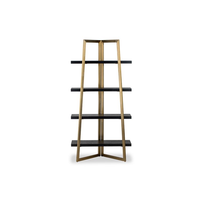 Brass framed shelving with black wooden shelves