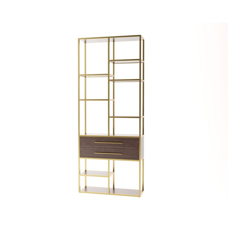 Brass structure shelving unit with two dark wood drawers