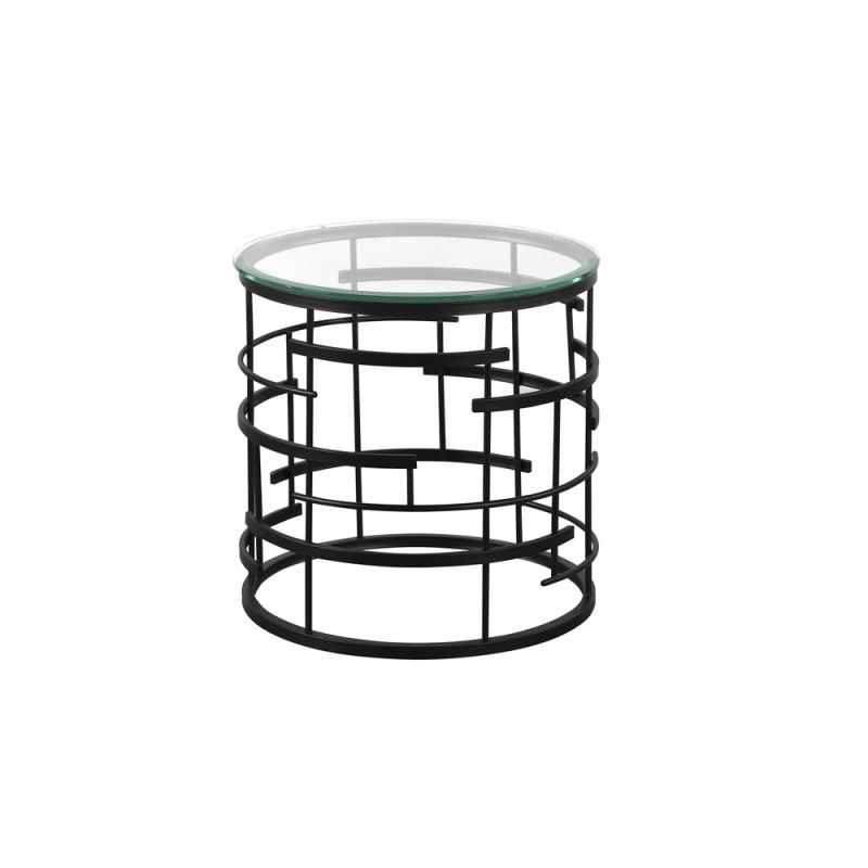 Black structure round frame side table with glass top 