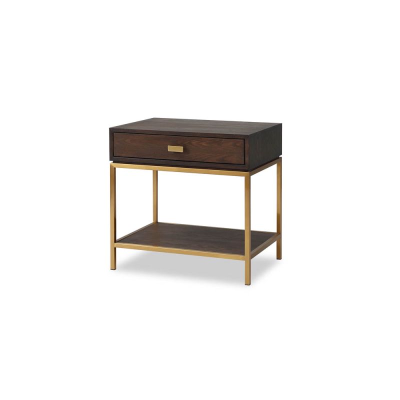 Brown wood bedside table with brass frame and brass handle