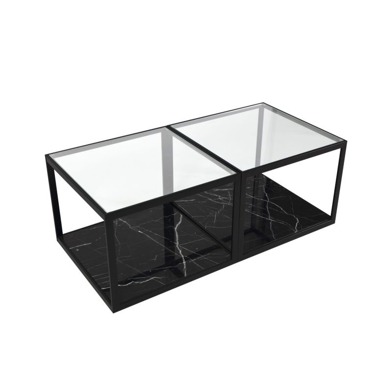 Black marble base coffee table with cube silhouette and glass top