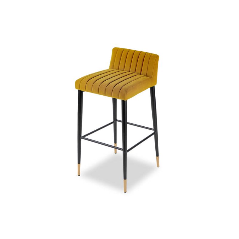 Mustard yellow velvet bar stool with deep fluting details and low backrest