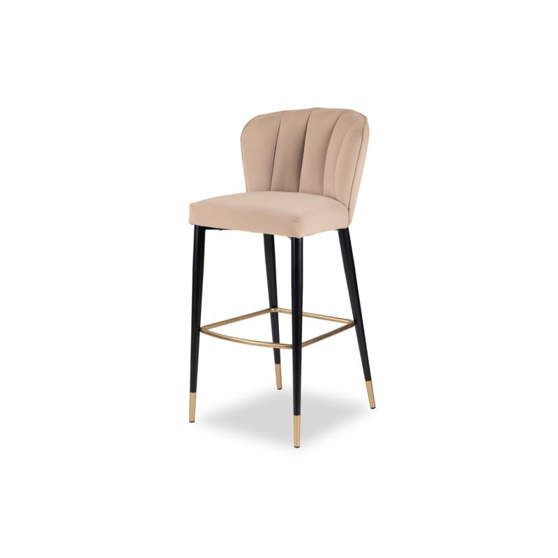 Beige velvet bar stool with fluted back and brass accents