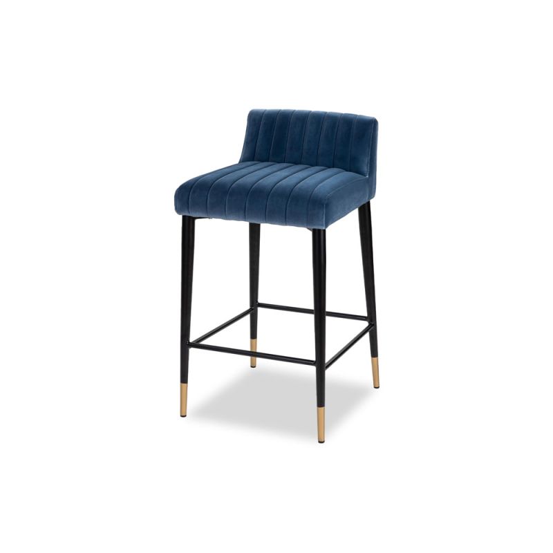 Elegant blue velvet upholstered counter stool with fluted details and brass capped feet