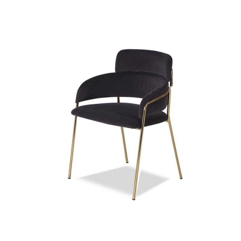 Black velvet upholstered dining chair with brass legs and wraparound backrest and arms