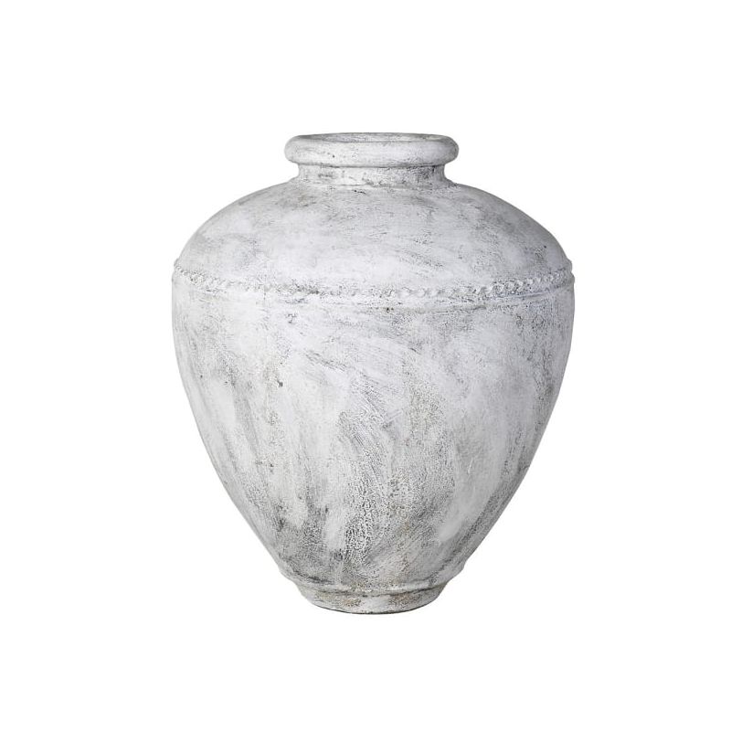 White distressed look cement planter with beading detail