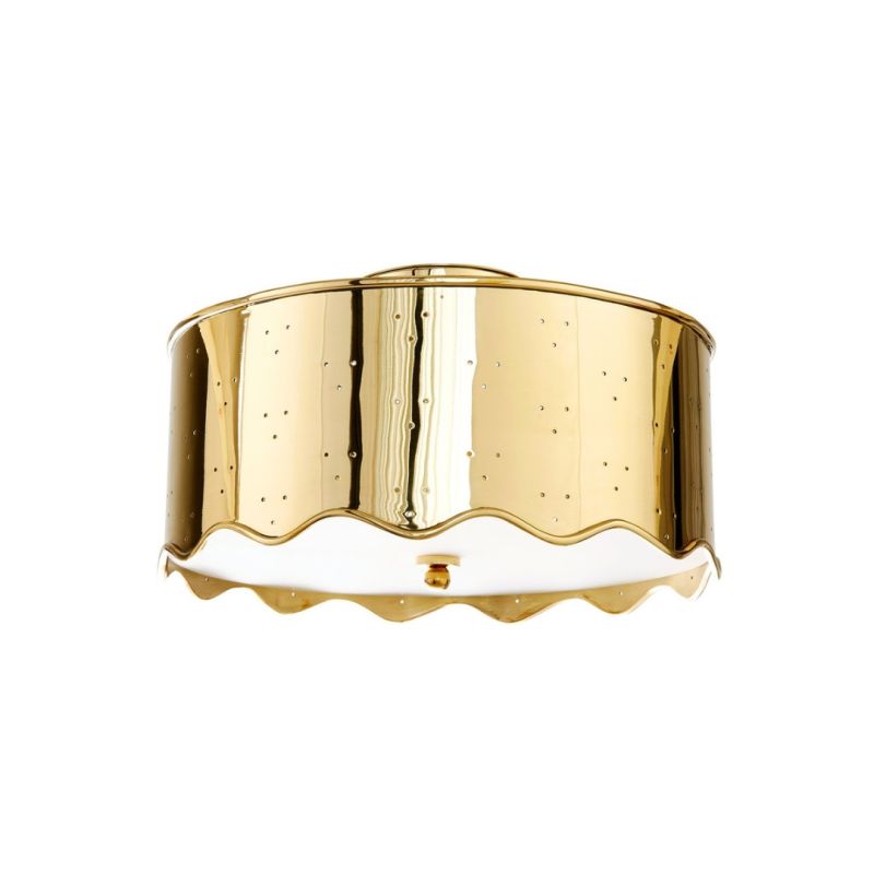 An elegant brass flush mount with a rippled edge and perforated details by Jonathan Adler