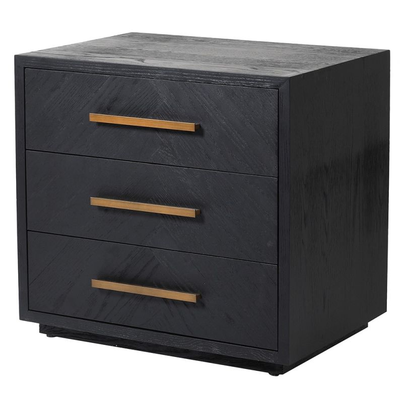 Black wooden bedside table with brass handles