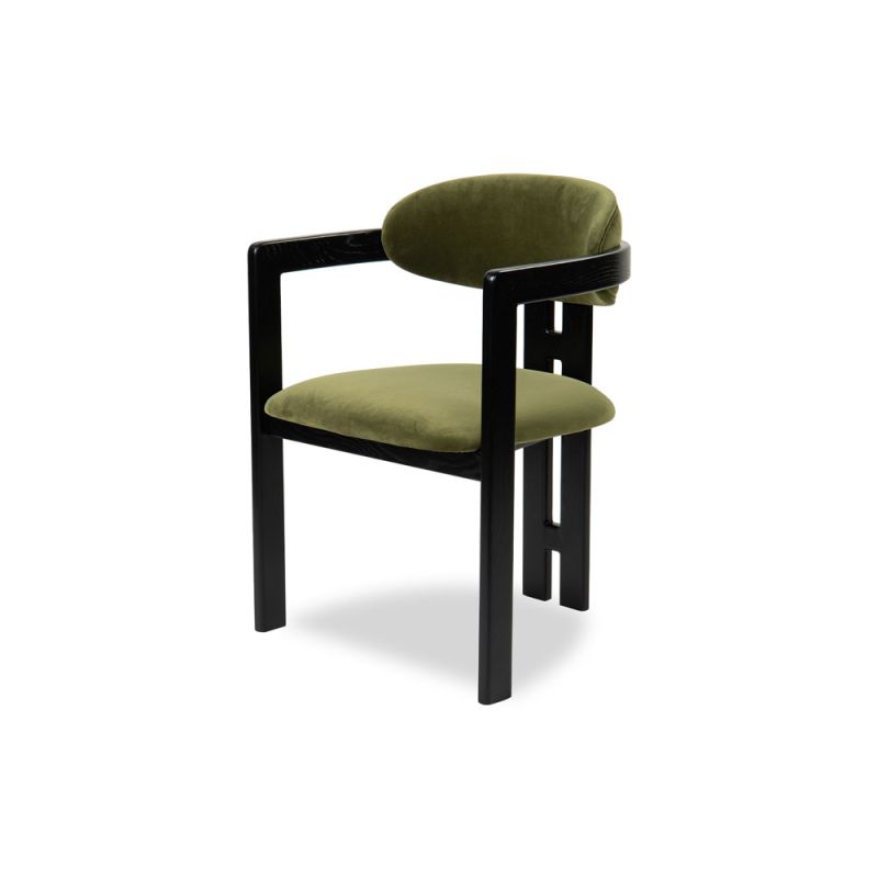 Olive coloured velvet dining chair with three-legged black frame