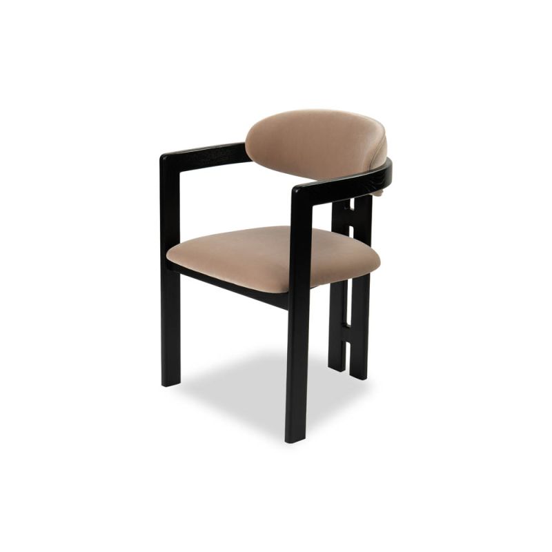 Smooth taupe upholstered chair with three black leg design