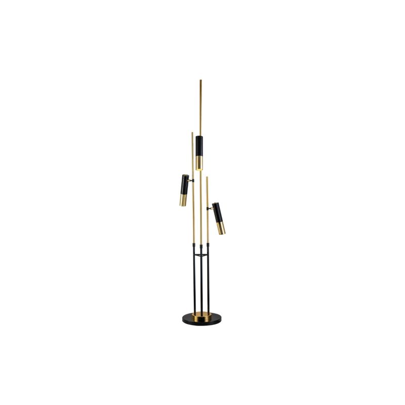 Structured floor lamp with three lights with brass and black accents