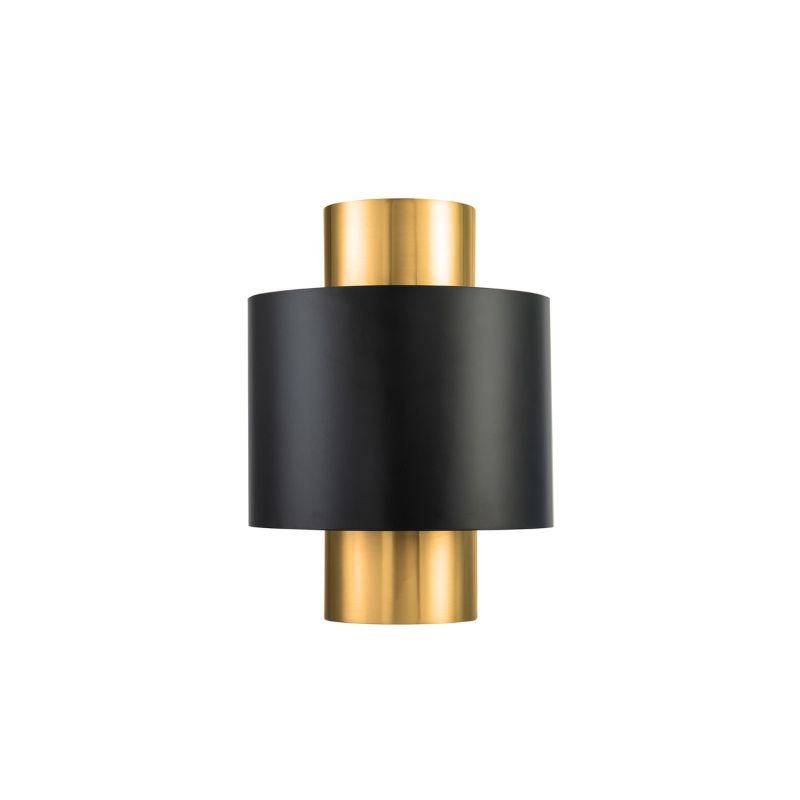 Brass base wall lamp with black shade around the middle