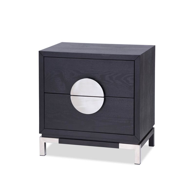 Black veneer two drawer side table with round silver handles and silver feet