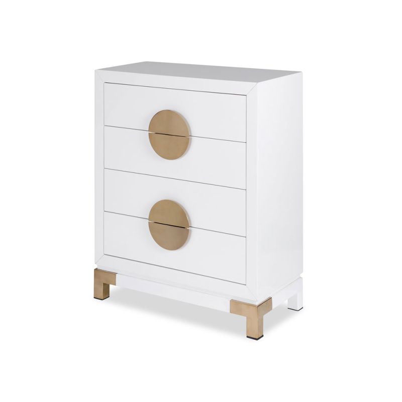 White chest of drawers with circular brass handles and legs