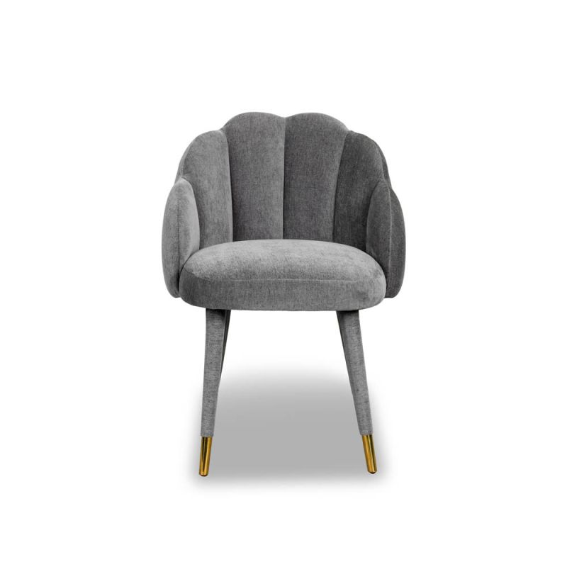 Grey clamshell chair with stitched sections