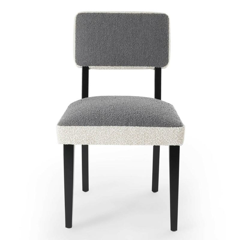 Boucle sand and grey dining chair with dark wood legs