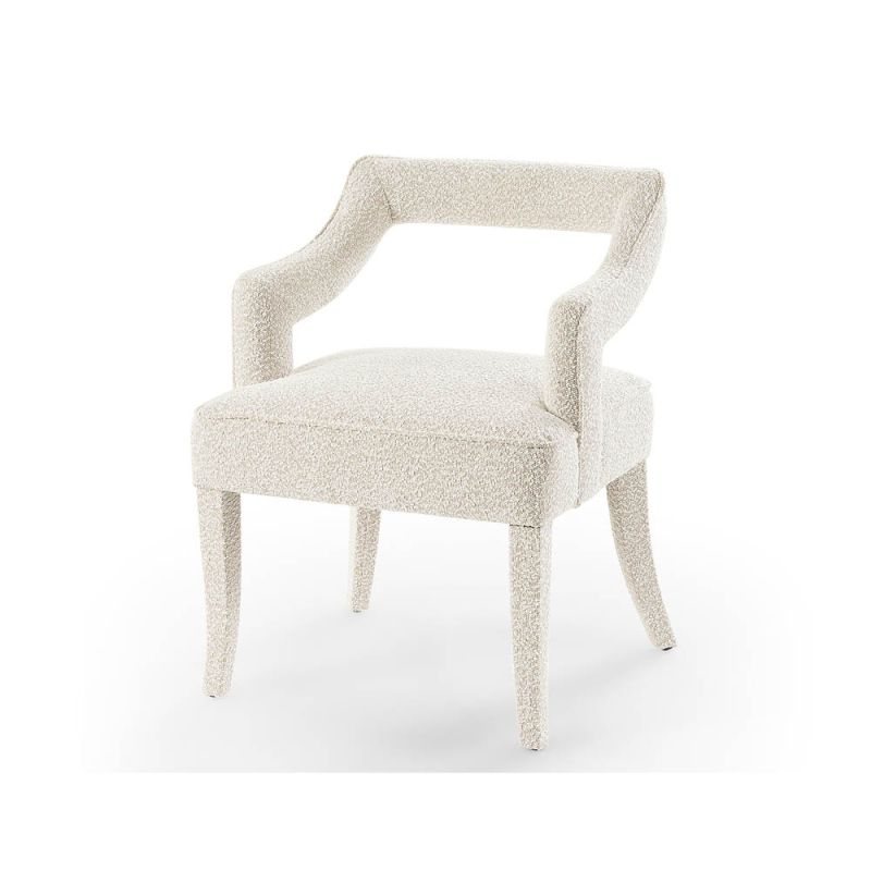 Upholstered boucle sand dining chair with open curved back