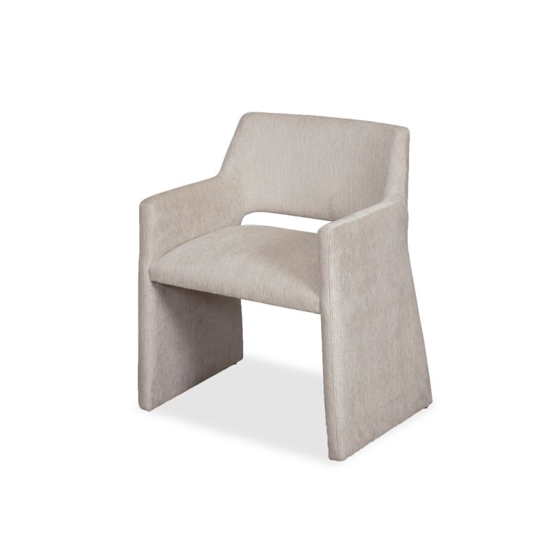 Upholstered taupe dining chair with wrap-around back