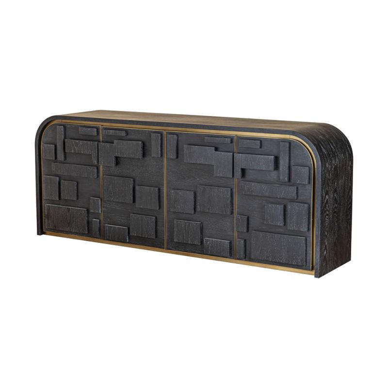 Black wood, 3D effect cube sideboard with brass edges