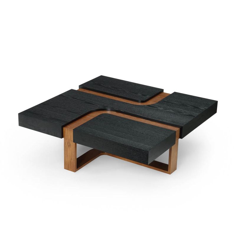 Black square coffee table table with elegant streak of natural wood