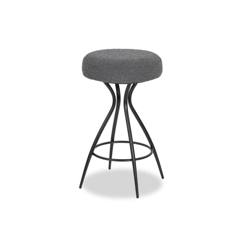 Grey upholstered round seated counter stool with boldly splayed open hourglass base with gentle tapering.