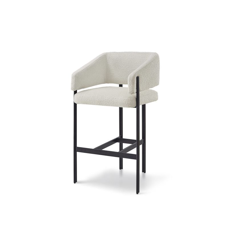 Squared wrap-around bar stool with neutral boucle upholstery and black frame