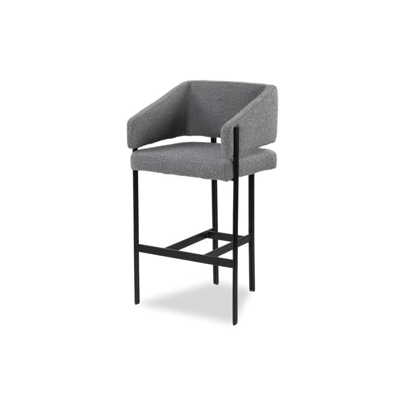 Squared wrap-around bar stool with boucle grey upholstery and black frame