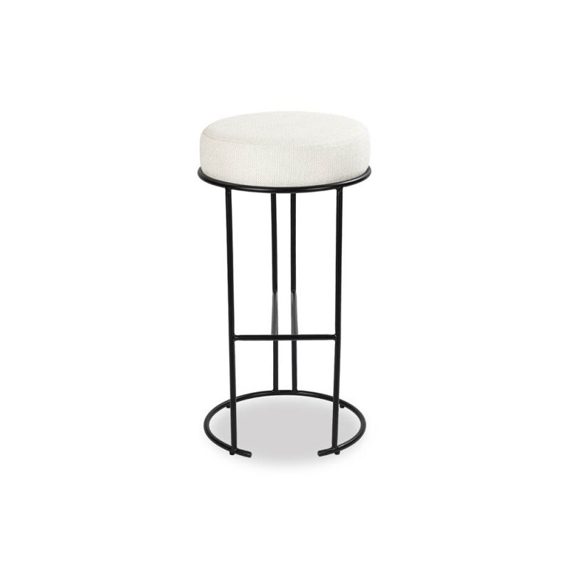 Round bar stool with thin black base in pilman beige linen upholstery